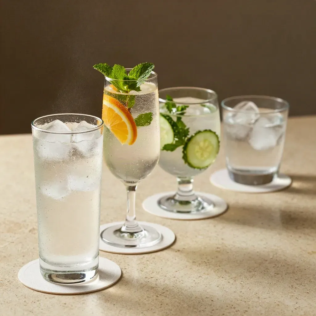 Rij verschillende glazen met water en alcoholvrije drankjes op een travertin tafel.