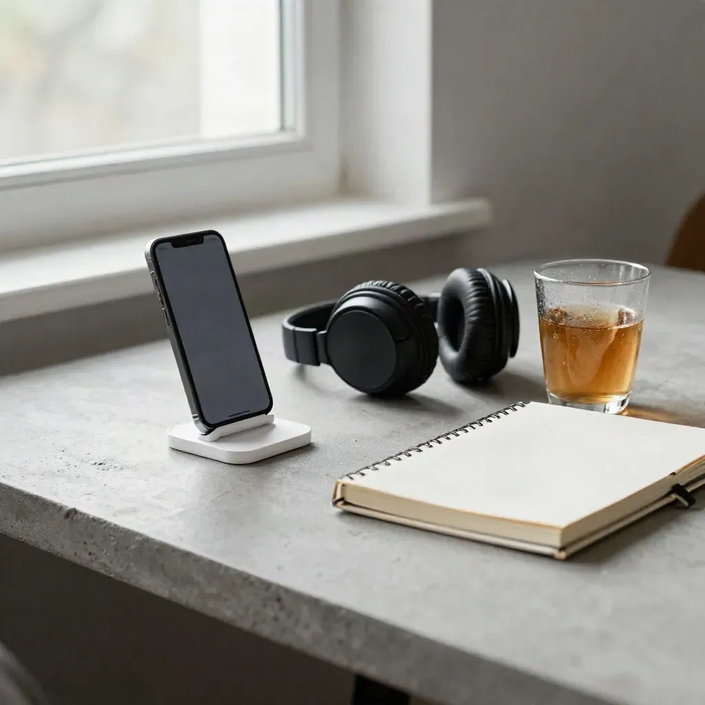 Telefoon op standaard met koptelefoon, gesloten notitieboek en koude thee bij een coachcall.