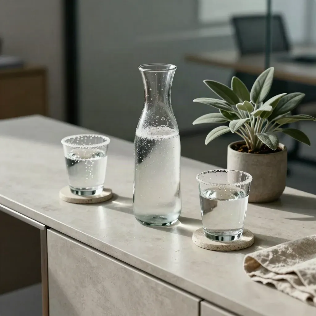 Karaf met bruiswater, twee glazen, onderzetter en plantje op rustige werkplek.